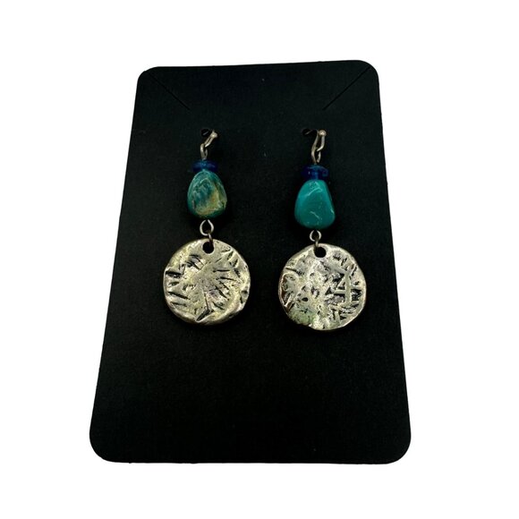 Handcrafted Silver & Turquoise Dangle Earrings With Textured Discs And Blue Bead - Picture 1 of 3
